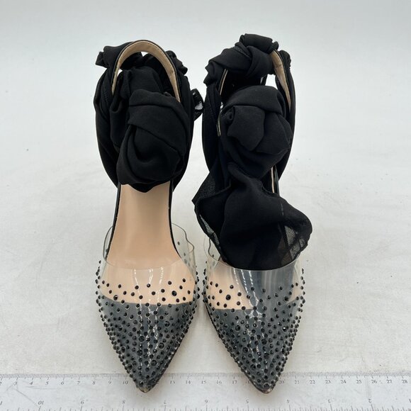 FSJ Black High Heel Ankle Strap Pointed Toe Rivets Pumps PVC Club Dress Sandals - Picture 3 of 8